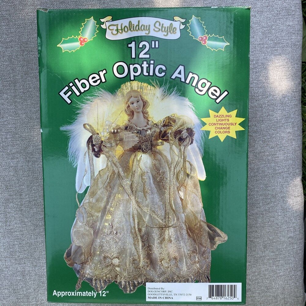 12" VINTAGE FIBER OPTIC ANGEL TREE TOPPER W/ BOX HOLIDAY STYLE DOLGENCORP W/ BOX